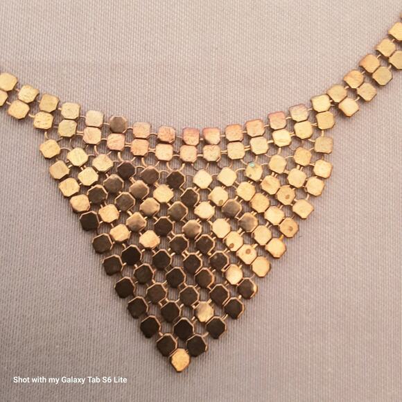 Art Deco Mesh Bib Necklace Gold Tone Choker Lobster Clasp With Extension - Picture 3 of 9